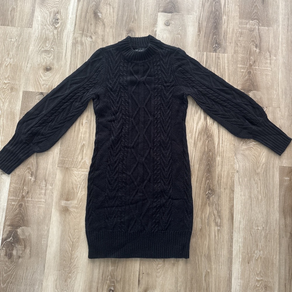 new york and company sweater dress Puff Sleeve Knit Black Size Xs With Mock